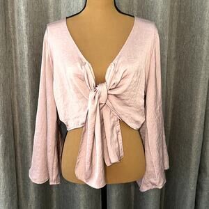 American Eagle Tie Front Crop Top Womens Large Pink Long Sleeve Blouse